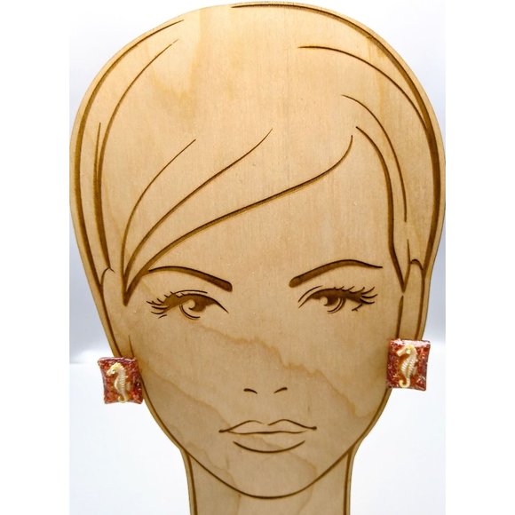 Vintage Sparkling Seahorse Earrings, Coppery Glitter Confetti Lucite with White - Picture 3 of 4